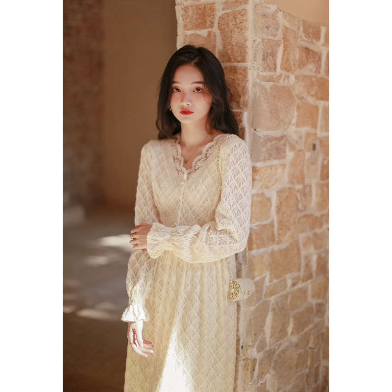 Juku Lace Ocean Dress 2021 Autumn Winter New Long Dress Elegant V Collar Gentle Temperament Lace Dress Children Autumn Winter