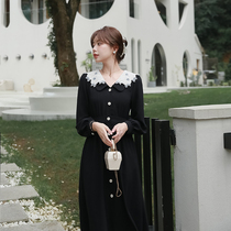 (4 12 clear cabin) Cebu Liandress Skirt Woman Hit with double embroidered collar retro dresses to collect waist a word dress