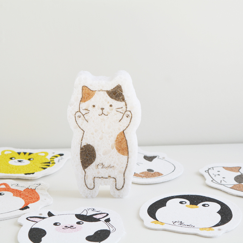 Cartoon wood pulp sponge dishwashing brush non-stick oil kitchen compressed sponge wipes bowl absorbent dish towel children's bath