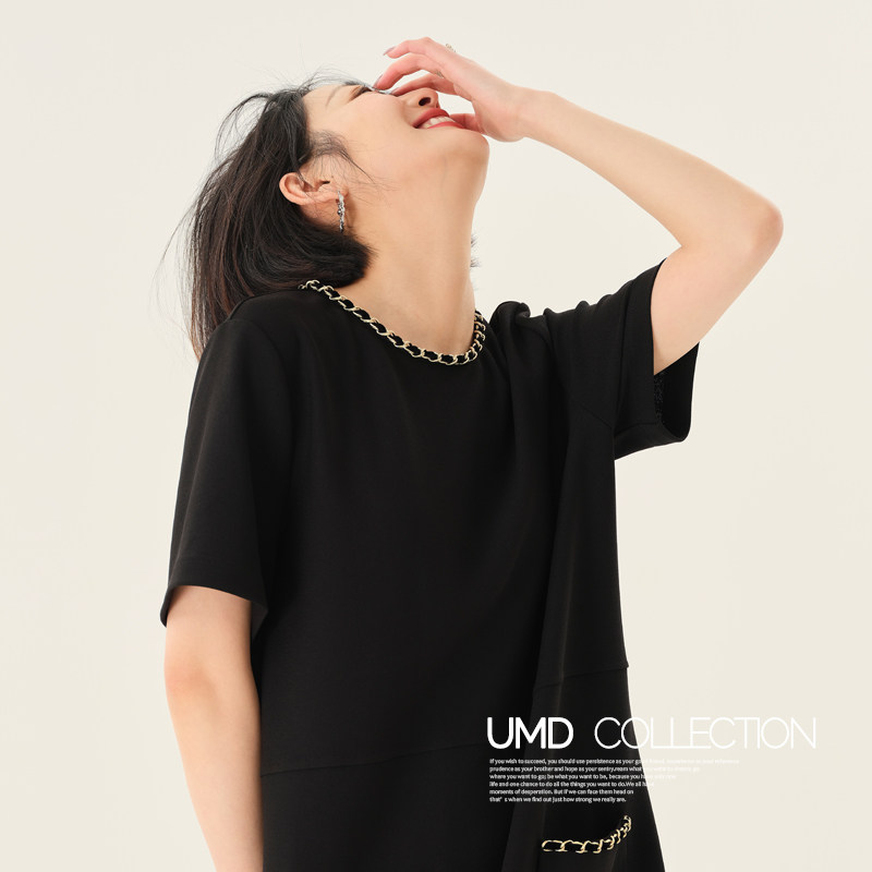 UMD Cocoa Malady Round Collar Short Sleeve Temperament Small Crowdsourced a small fragrance A word acetate Black Dress Girl summer-Taobao