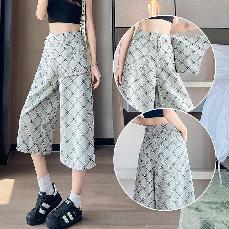 Quilted Jacquard Wide-Leg Cropped Jeans for Women, 2026 Summer Thin Design, Faux Two-Piece Saddle Pants Quilted Jacquard Wide-Leg Cropped Jeans for Women, 2026 Summer Thin Design, Faux Two-Piece Saddle Pants