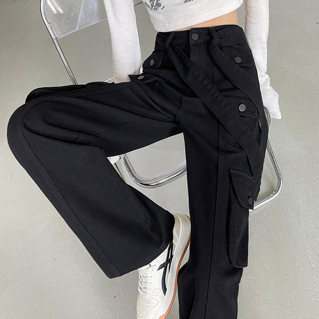 Spice girls black denim trousers wide-leg overalls female pear-shaped figure slim straight-leg pants high-waist casual pants summer dress