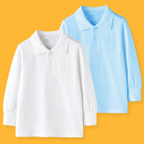 Childrens white T-shirt spring and autumn boys lapel long sleeve T-shirt girl polo shirt cotton student school uniform Paul shirt