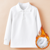 Children plus velvet T-shirt white boys long sleeve lapel polo shirt girls base shirt students autumn and winter thick school uniforms T
