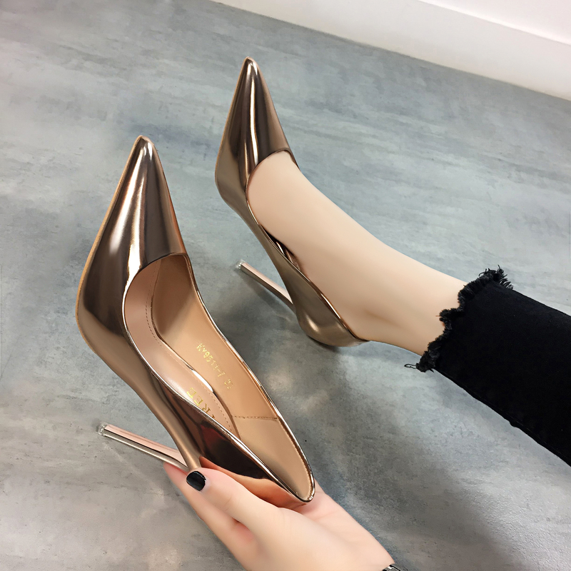 Korean Style Fashionable Champagne-Colored Women's Shoes 2022 Spring and Autumn New Style 10cm Pointed Toe Sexy Patent Leather Simple Stiletto Heels Korean Style Fashionable Champagne-Colored Women's Shoes 2022 Spring and Autumn New Style 10cm Pointed Toe Sexy Patent Leather Simple Stiletto Heels