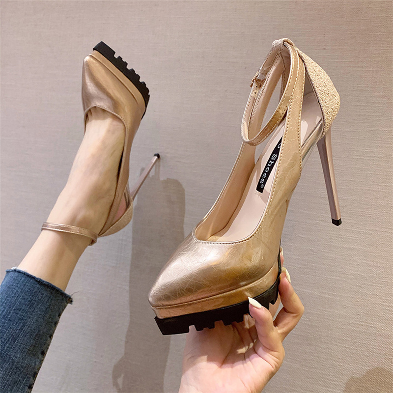 Pointed toe shallow mouth high heels waterproof platform sexy patent leather single shoes hollow sequins stiletto thick bottom 12cm one word belt summer