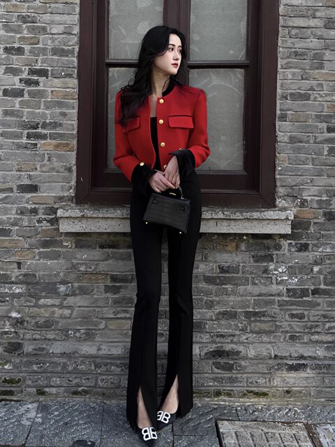 Hollinna Bright Red Wool Tweed Jacket for Women, Versatile Short Design with a High-End Feel for Spring, Autumn, and Winter