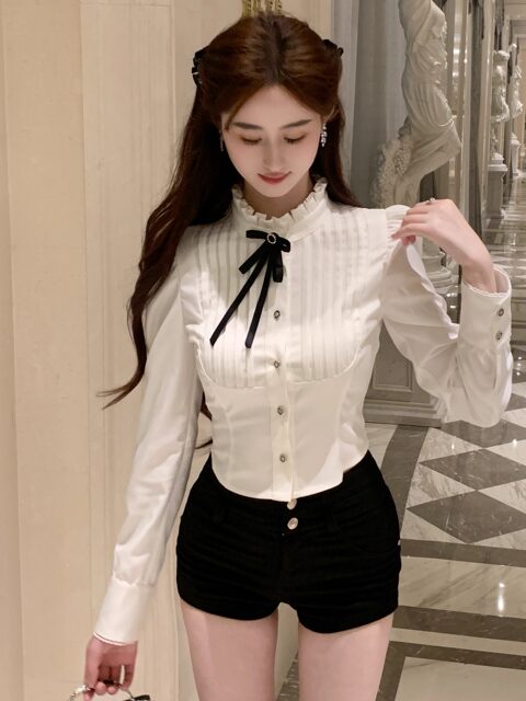 Hollin Bow Tie Slim Long-Sleeved Shirt for Women, Spring and Autumn 2025 New Style, Waist-Cinching, Slimming, Versatile, High-End Shirt
