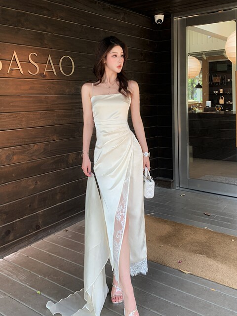Hollin Lace Spliced Satin Camisole White Dress for Women, Summer Light Luxury High-End High-Slit Midi Dress