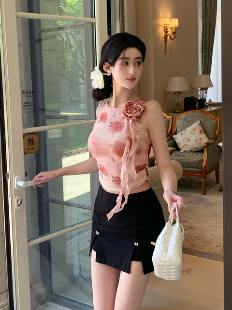 Hollinna Spandex Mesh Floral Sleeveless T-Shirt Women's Summer Thin Breathable Design Pastoral Style Short Top