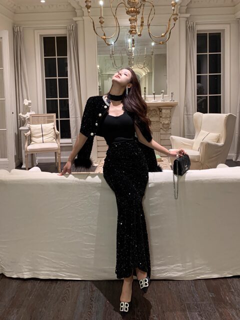 Hollinna Ostrich Feather Dress Evening Gown for Women Sequined Fishtail Skirt Autumn and Winter Light Luxury High-End Birthday Party Complete Set