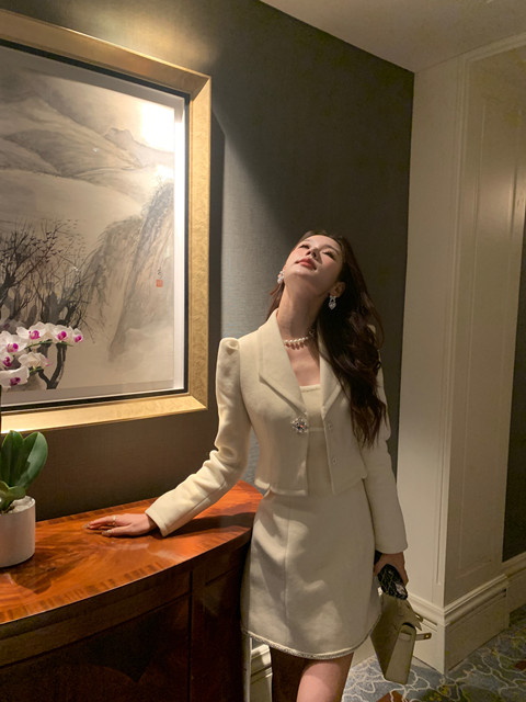 Hollinna Suspender Dress Suit Women's Autumn and Winter Design Wool High-End Woolen Suit Jacket Two-Piece Set