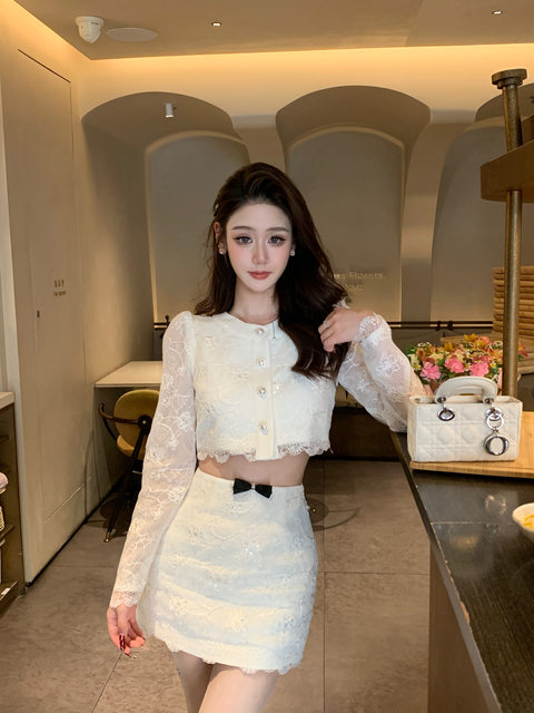 Hollin Lace Small Fragrance Suit for Women Spring & Fall 2025 New Style Leaky Waist Small High-End Elegant Two-Piece Set