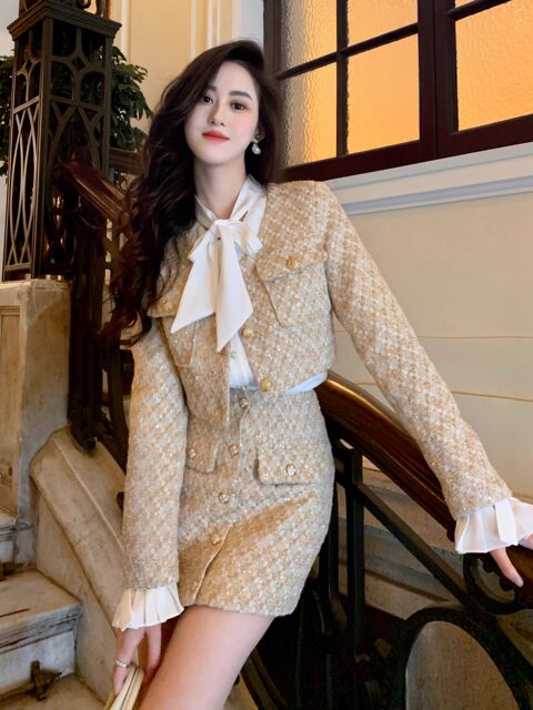 Hollinna French Socialite Style Tweed Suit Skirt for Women, Spring and Autumn 2025 New Fashion High-End Two-Piece Set