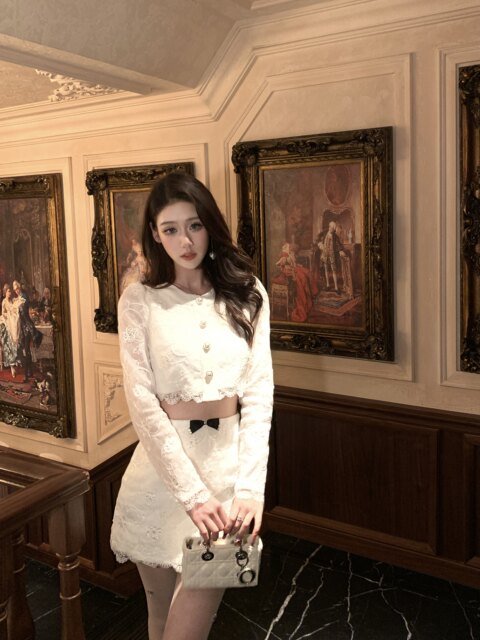 Hollin Lace Small Fragrance Suit for Women Spring & Fall 2025 New Style Leaky Waist Small High-End Elegant Two-Piece Set