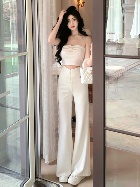 Hollinna [White Peach Bubbles] White Boot-Cut Pants for Women in Spring and Summer with Drapey High-Waisted Wide-Leg Thin Pants for Women