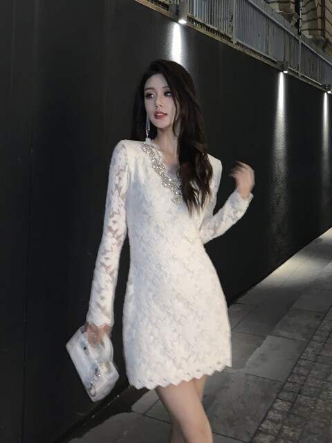 Hollinv Collar Cut Out Lace Elegant Dress Women's Spring & Fall 2025 Long-Sleeved Studded Butt-Covering Skirt