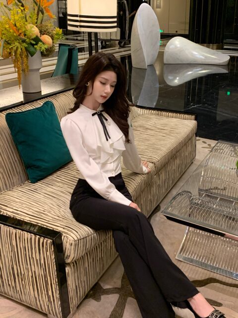 Hollinna French Ruffle Collar Satin Long-Sleeved Shirt for Women Spring & Fall 2025 Design High-End Palace Style Shirt