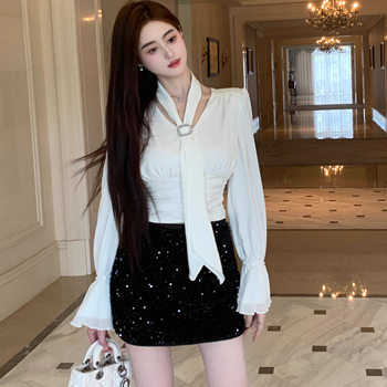 Hollinna Satin Ribbon Long-Sleeve Shirt for Women, Spring and Autumn, Waist-Cinching Design, Niche High-End Bell-Sleeve Top for Women