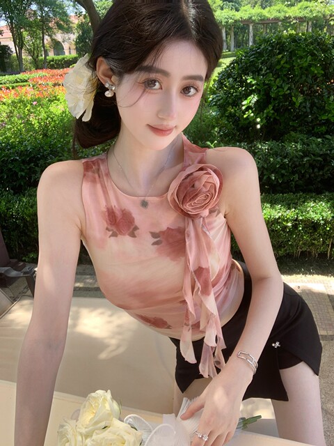 Hollinna Spandex Mesh Floral Sleeveless T-Shirt Women's Summer Thin Breathable Design Pastoral Style Short Top