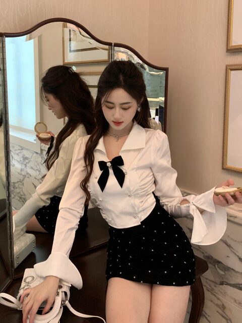 Hollinna French-Style Long-Sleeve Shirt for Women, Spring and Autumn 2025 New Model, Waist-Cinching, Slimming, Versatile, Designer-Inspired Niche Top