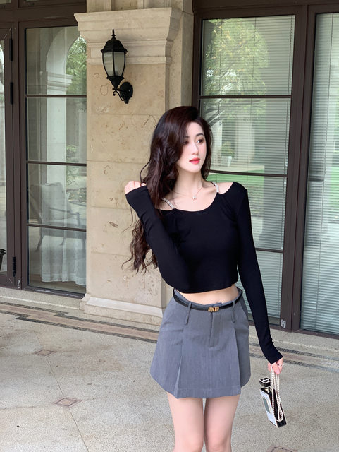 Hollin Rhinestone Knitted Long-Sleeved T-Shirt for Women, Spring and Autumn, Black, Waist-Cinching, Slimming Top, Tight-Fitting, High-End Base Shirt