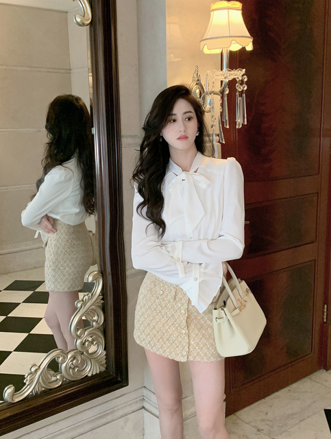 Hollin Bow Elegant Romantic French Satin White Shirt for Women Spring & Fall Bottoming V Neck Long-Sleeved Top for Women