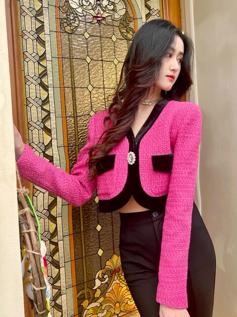Hollinna woven pink small fragrant style short coat for women spring and autumn high-waisted versatile tops for small people