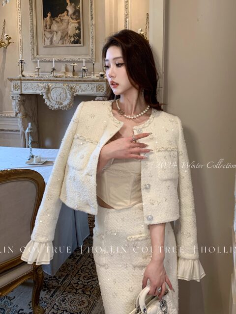 Hollinna Rich Girl Wool Tweed Style Suit Dress for Women Autumn and Winter Socialite Style Sequined Tweed Two-Piece Set