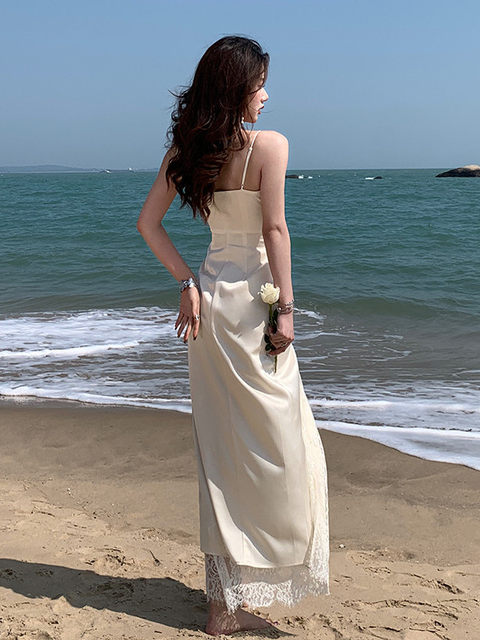 Hollin Lace Spliced Satin Camisole White Dress for Women, Summer Light Luxury High-End High-Slit Midi Dress
