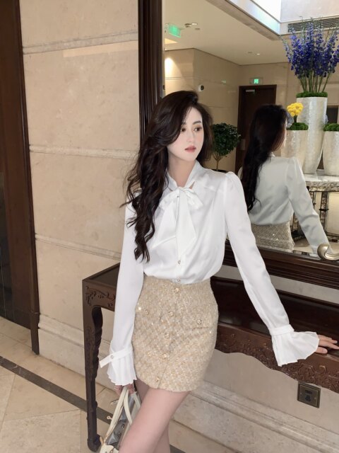 Hollin Bow Elegant Romantic French Satin White Shirt for Women Spring & Fall Bottoming V Neck Long-Sleeved Top for Women