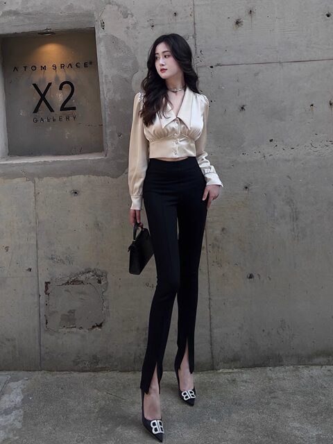 Hollinna Black Front-Slit Skinny Pants for Women, Spring and Autumn, Waist-Cinching, Slimming, High-Waisted, Hip-Lifting, Tight-Fitting Pencil Pants