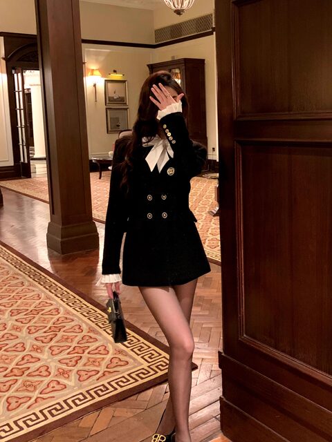 Hollinna Woolen Coat Women's Mid-Length 2025 New Tweed Black High-End Blazer