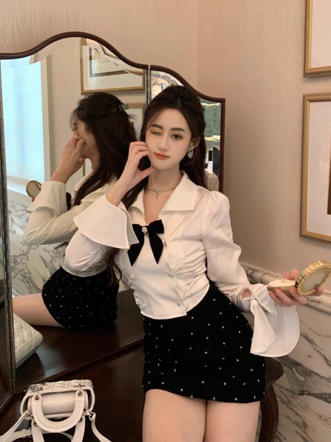 Hollinna French-Style Long-Sleeve Shirt for Women, Spring and Autumn 2025 New Model, Waist-Cinching, Slimming, Versatile, Designer-Inspired Niche Top