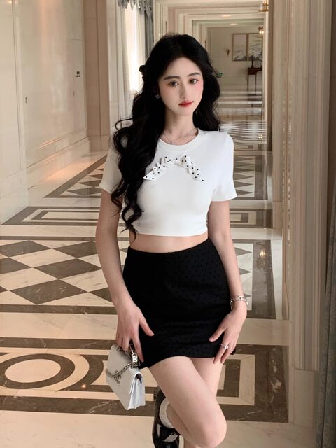 Hollin Short-Sleeved Cotton T-Shirt for Women Summer 2025 New Style Bow Fashionable Breast-Revealing Waist Versatile Short Top