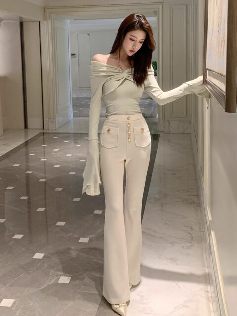 Hollin Knitted High-Waisted White Flared Pants for Women, Spring and Autumn 2025 New Fashion Versatile Stretchy Casual Long Pants