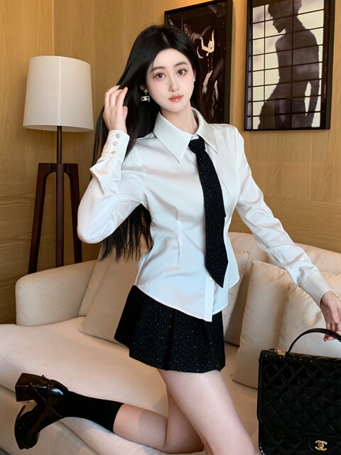 Hollin[London Aesthetics]French-Style White Satin Shirt for Women, Spring and Autumn, High-End Design Top
