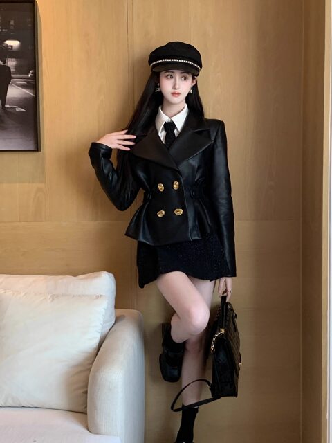 Hollinna Stylish Black Leather Jacket for Women, Autumn/Winter 2025 New Style, Waist-Cinching, Slimming, Versatile, High-End Biker Jacket