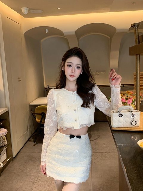 Hollin Lace Small Fragrance Suit for Women Spring & Fall 2025 New Style Leaky Waist Small High-End Elegant Two-Piece Set