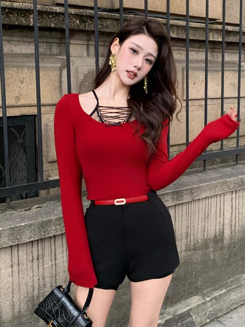 Hollinu Collar Long-Sleeved Knitted T-Shirt for Women Spring and Autumn 2025 New Lace Splicing Ladylike Style Red Base Shirt