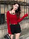 Hollinu Collar Long-Sleeved Knitted T-Shirt for Women Spring and Autumn 2025 New Lace Splicing Ladylike Style Red Base Shirt