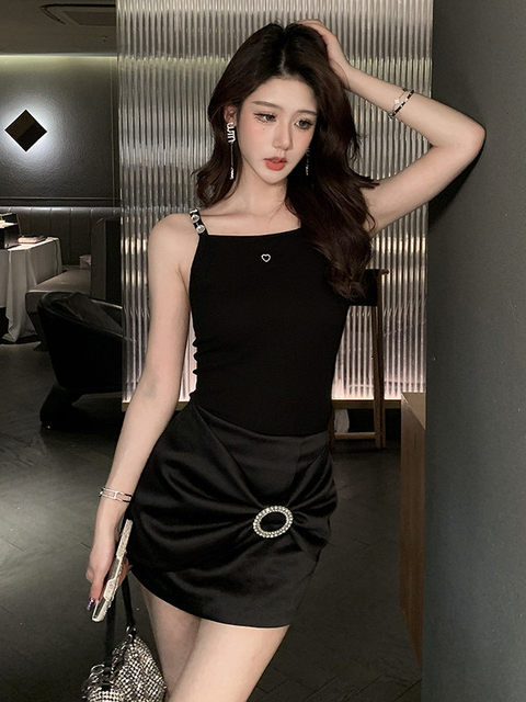 Hollin Twist Knot Satin Black Skirt for Women, Spring and Autumn 2025 New Style, Bodycon Skirt, Short Skirt