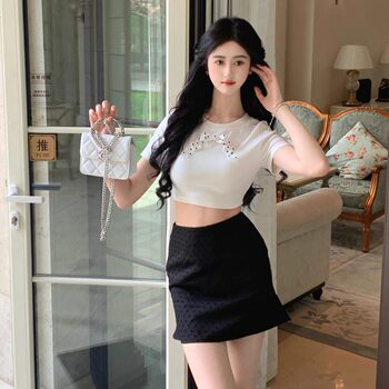 Hollin Short-Sleeved Cotton T-Shirt for Women Summer 2025 New Style Bow Fashionable Breast-Revealing Waist Versatile Short Top