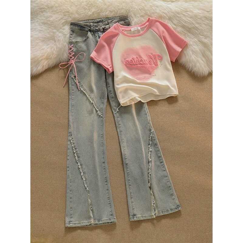 Sweet, Cool, Fashionable Design, Gentle Style, Salty Style, Short Hot Girl T-Shirt Top, Women's Micro-Flared Jeans Two-Piece Set