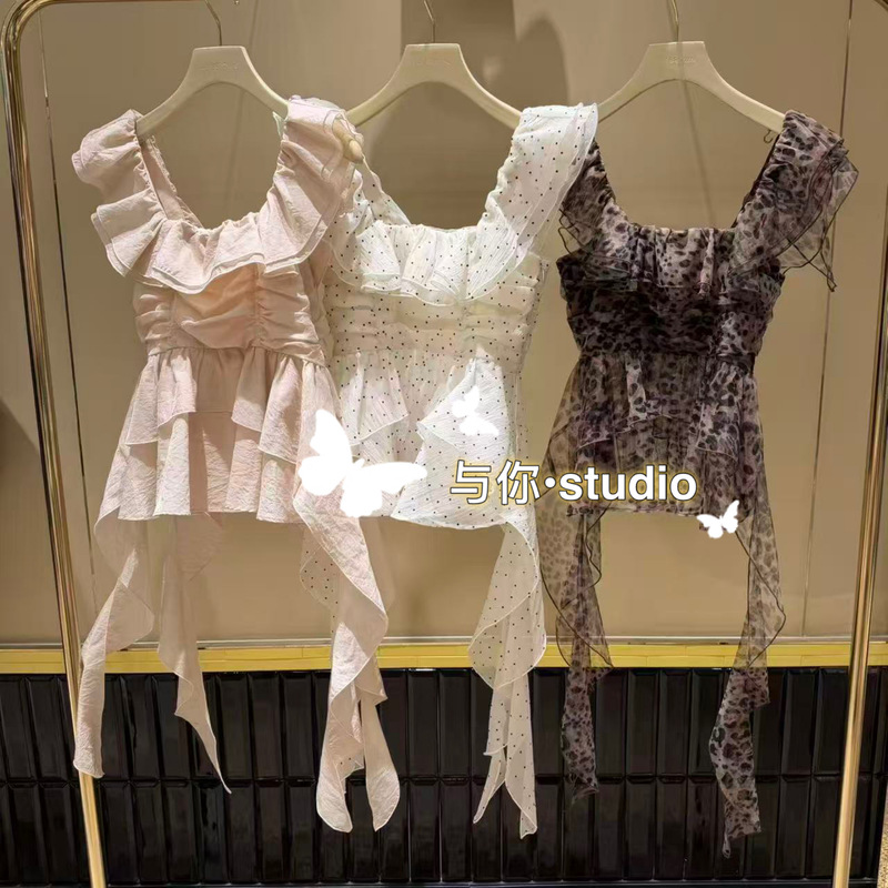 Lilybrown Domestic Store Direct Delivery Ruffled Small Flutter Sleeve Chiffon Waist-Cinching Sleeveless Top Lwft261042