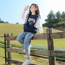 Girls net red foreign style autumn sweater 2022 new big childrens spring and autumn 12-year-old girls fake two-piece tops