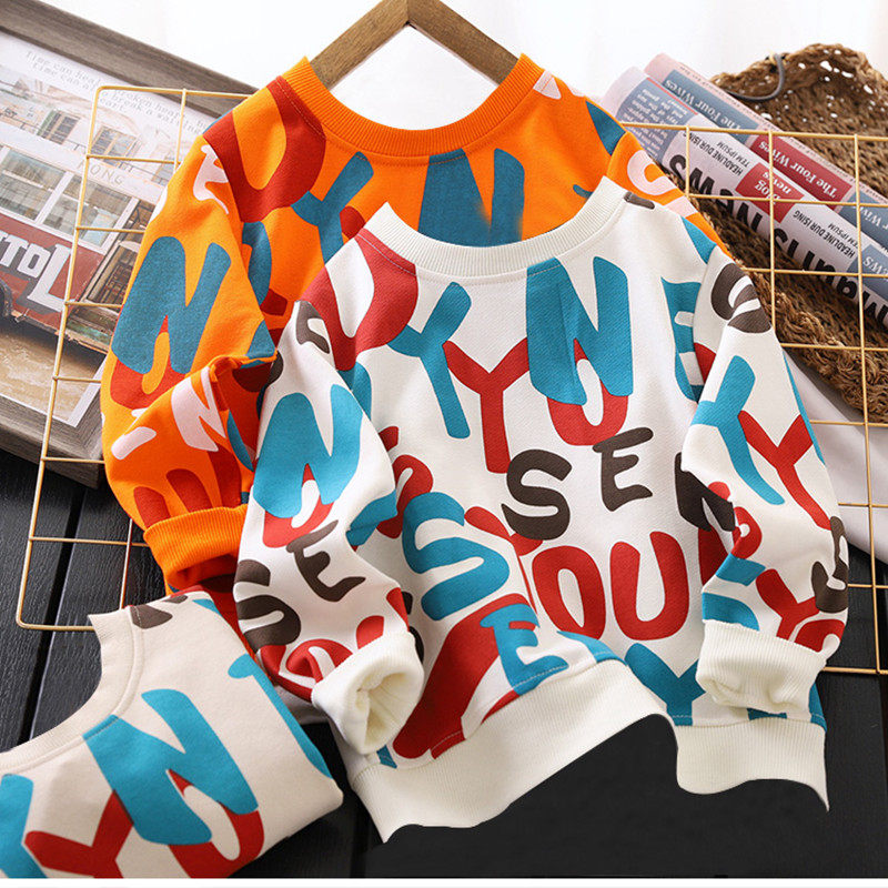 Boy's sweater spring 2022 new style Western style top printed round neck children's leisure fake two-piece long-sleeved sweatshirt