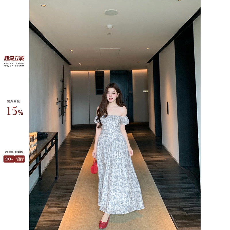 Ono Spicy Xyxy "Sena Flower House" Slightly Plump Girl's French Floral Waist-Cinching Dress, Summer Off-Shoulder Long Dress Ono Spicy Xyxy "Sena Flower House" Slightly Plump Girl's French Floral Waist-Cinching Dress, Summer Off-Shoulder Long Dress