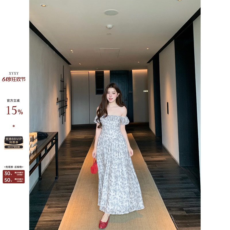 Ono Spicy Xyxy "Sena Flower House" Slightly Plump Girl's French Floral Waist-Cinching Dress, Summer Off-Shoulder Long Dress