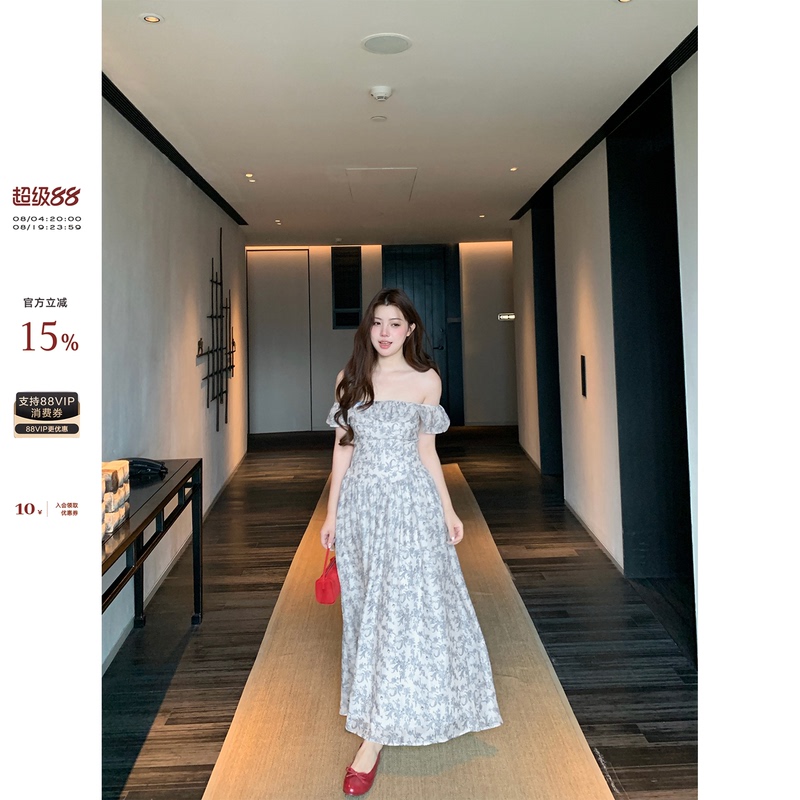 Ono Spicy Xyxy "Sena Flower House" Slightly Plump Girl's French Floral Waist-Cinching Dress, Summer Off-Shoulder Long Dress